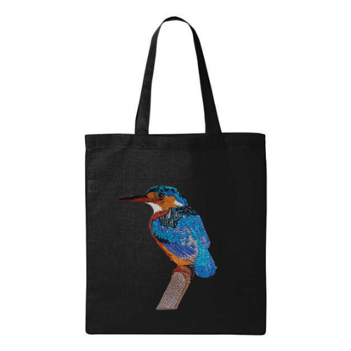 Black tote bag with a Embroidered  bird design on a white background