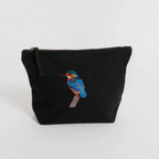 Black pouch with an embroidered bird on a white background