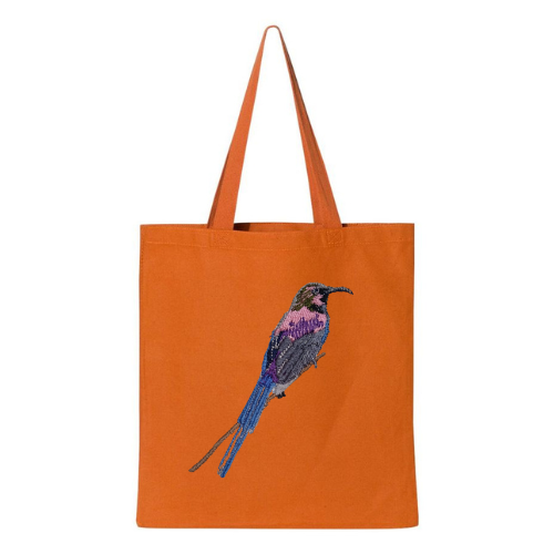  Burnt Orange tote bag with a bird design on a white background