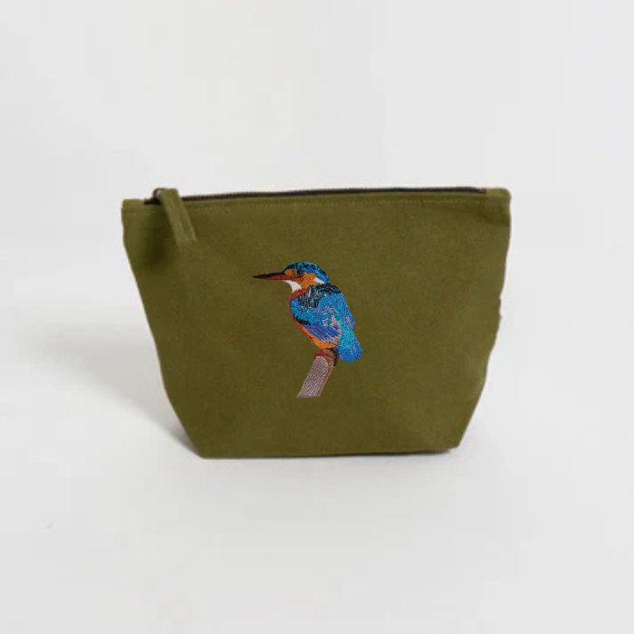 Jungle Green pouch with an embroidered bird on a white background