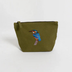 Jungle Green pouch with an embroidered bird on a white background