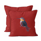Red canvas cushion covers  with embroidered bird design 