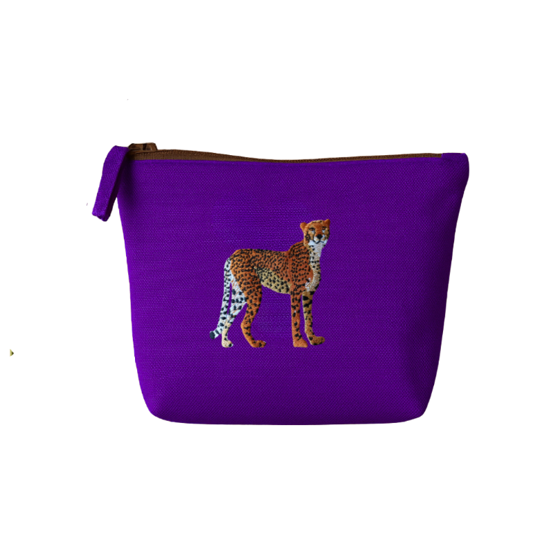 Purple pouch with a cheetah embroidery on a white background