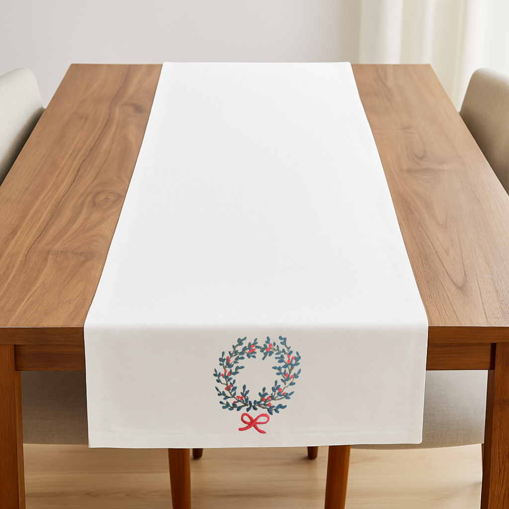 White table runner with a decorative wreath design on a wooden table.