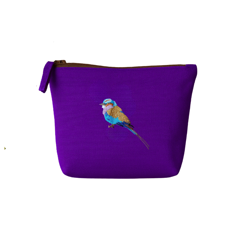 Purple pouch with a Lilac embroidery  on a white background