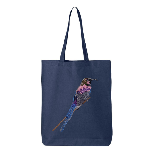 Navy blue tote bag with a Embroidered bird  on a white background