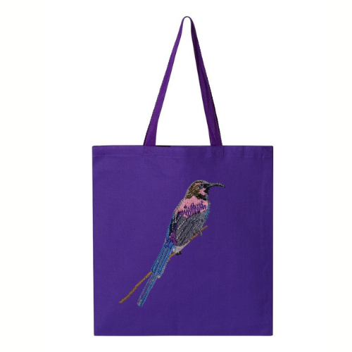 Purple tote bag with a bird Embroidery  on a white background