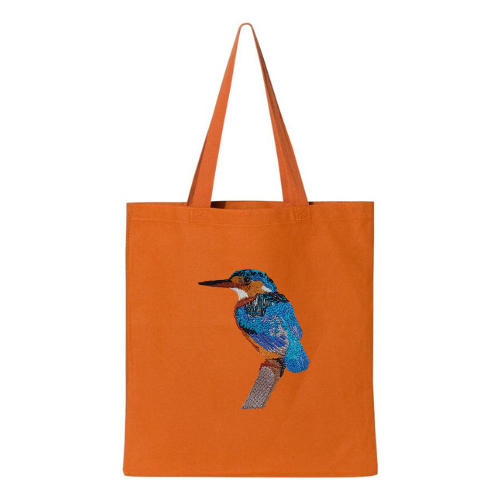Burnt Orange Tote bag with a bird design on a white background