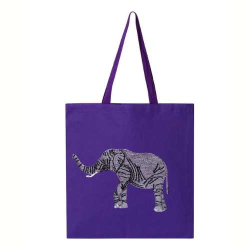 Purple tote bag with an elephant embroidery on a white background