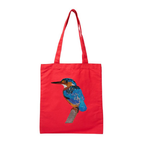 Red tote bag with a bird Embroidery on a white background