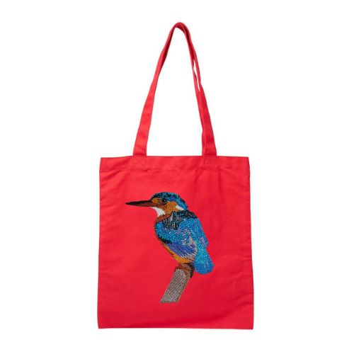 Red tote bag with a bird Embroidery on a white background
