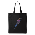 Black tote bag with a embroidered bird design on a white background