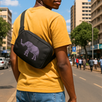 Person wearing a black belt  bag with an elephant  embroidery 