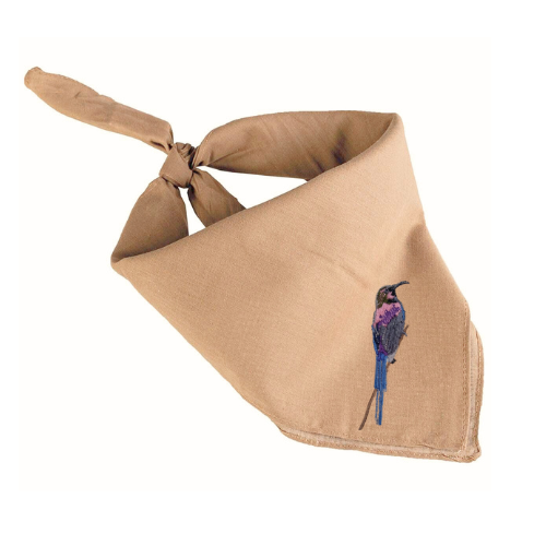 Brown bandana with a bird embroidery  on a white background.