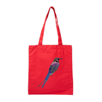 Red tote bag with a bird embroidery on a white background