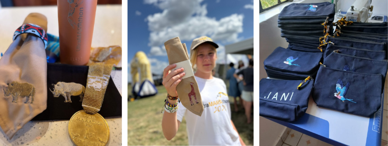 Collage of images showing branded bags, a person holding a bag, and stacks of bags with branding.