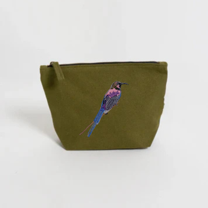 Jungle Green pouch with a bird Embroidery on a white background