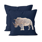Navy blue pillow with embroidered rhino design on a white background