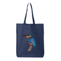 Navy tote bag with embroidered bird design on a white background
