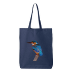Navy tote bag with embroidered bird design on a white background