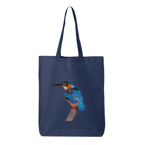 Navy tote bag with embroidered bird design on a white background