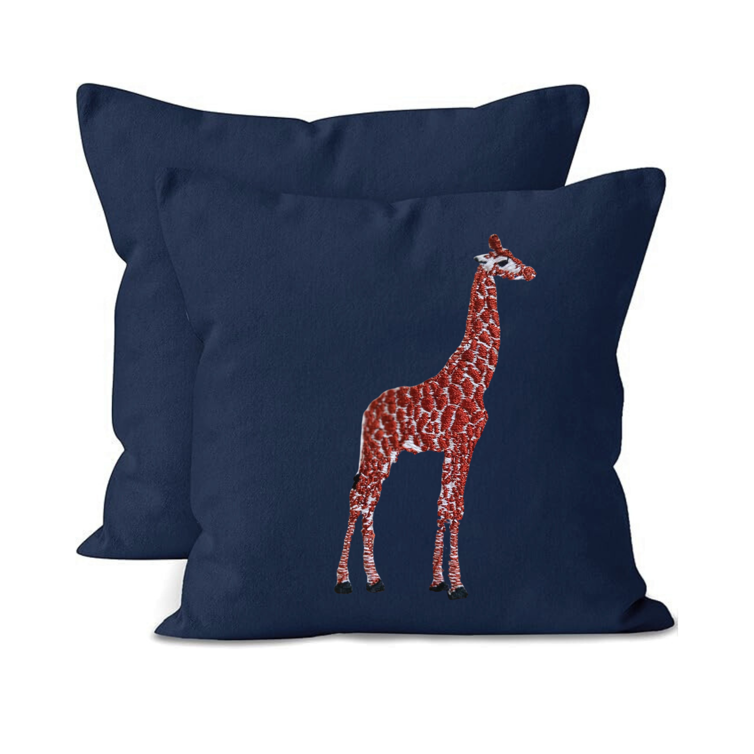 Navy blue pillow with a red giraffe illustration on a white background