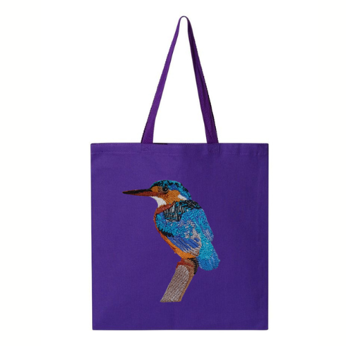 Purple tote bag with embroidered bird design on a white background