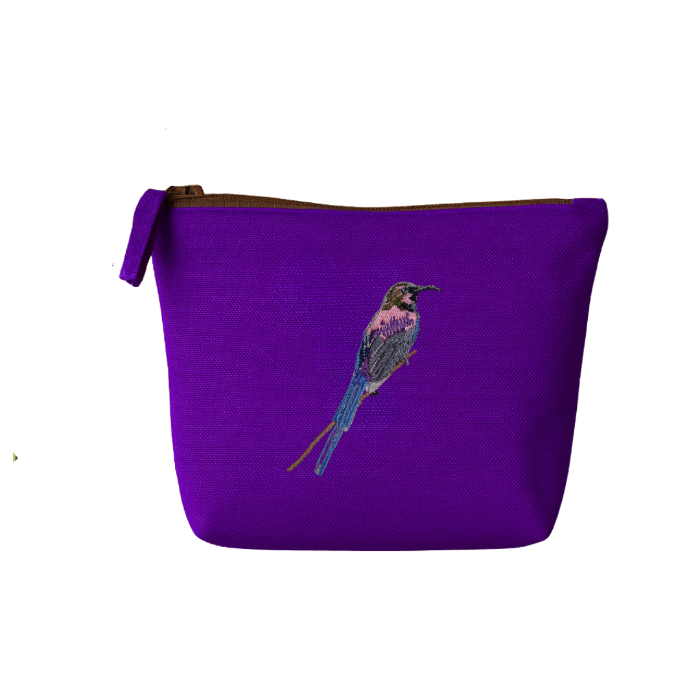 Purple pouch with a Bird Embroidery on a white background