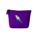 Purple pouch with a bird embroidery  on a white background