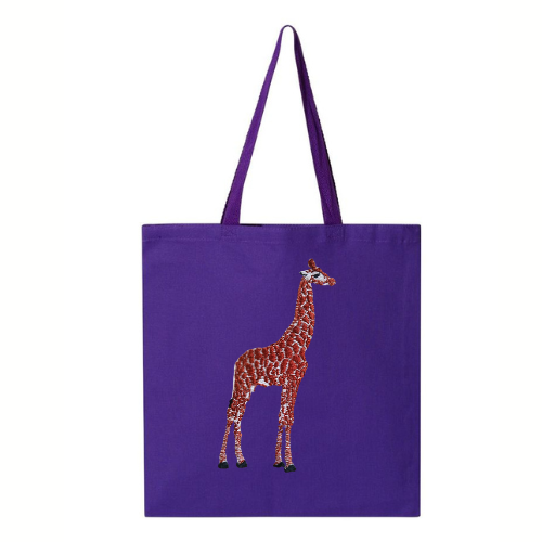 Purple tote bag with a embroidery  on a white background