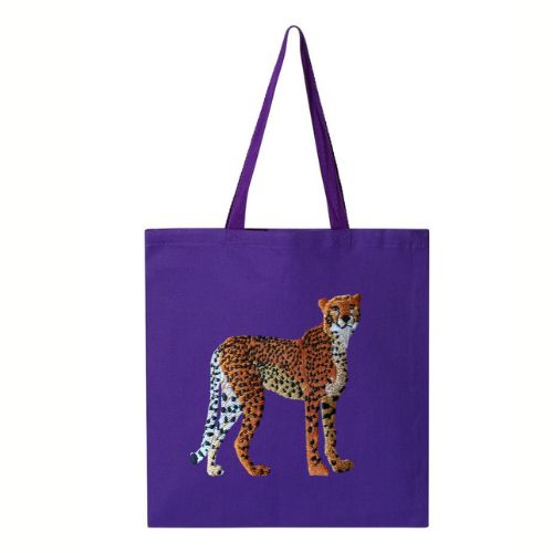 Purple tote bag with a cheetah embroidery  on a white background