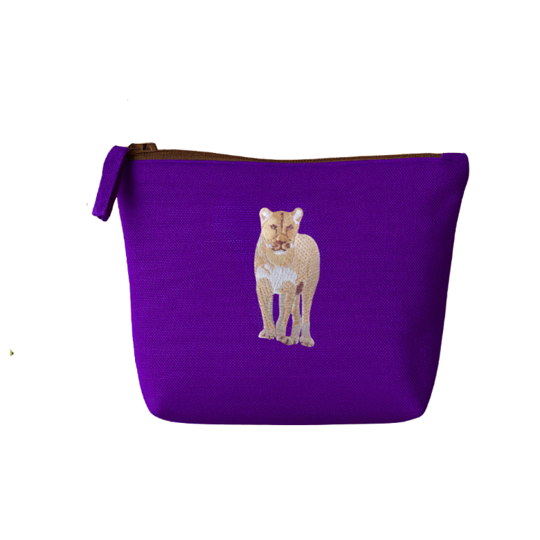 Purple pouch with a lion embroidery  on a white background