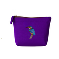 Purple pouch with a bird embroidery on a white background