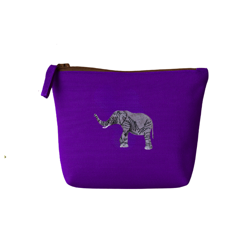 Purple pouch with an elephant embroidery  on a white background