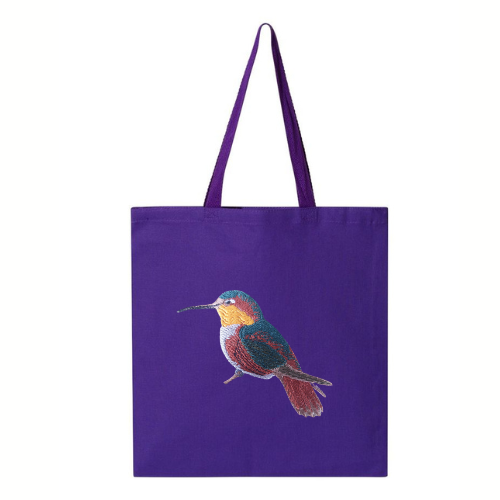 Purple tote bag with a  Humming bird embroidery on a white background