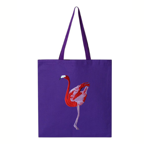 Purple tote bag with a flamingo embroidery a white background