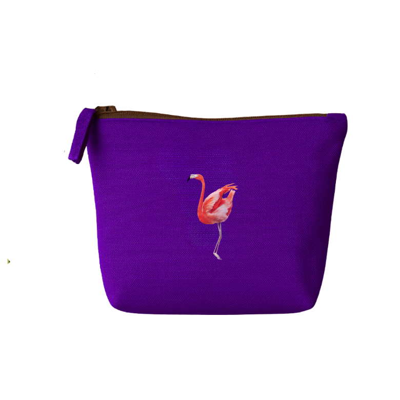 Purple pouch with a flamingo embroidery on a white background