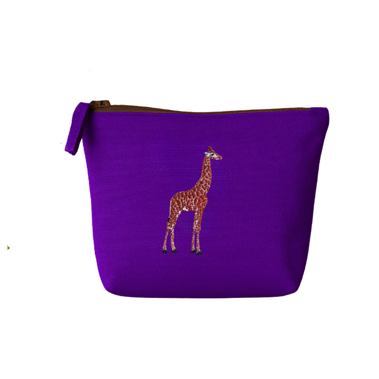 Purple pouch with a giraffe embroidery on a white background
