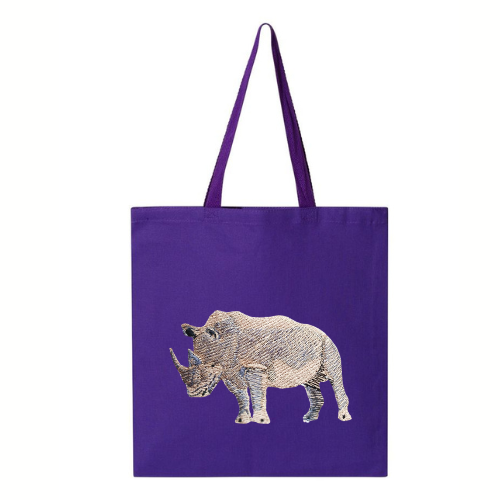 Purple tote bag with a rhino embroidery  on a white background