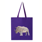 Purple tote bag with a rhino embroidery  on a white background