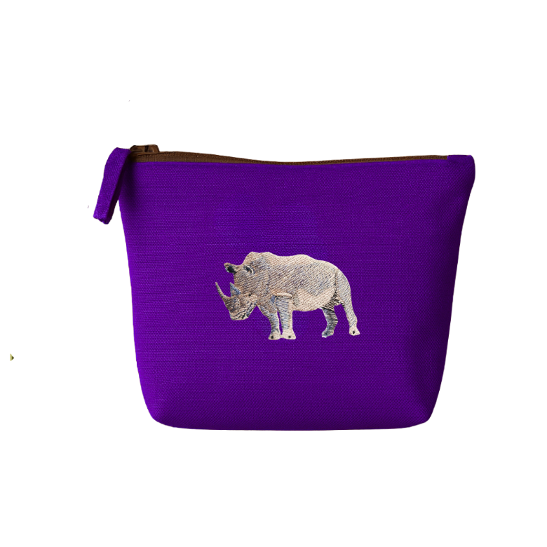 Purple pouch with a rhino embroidery  on a white background