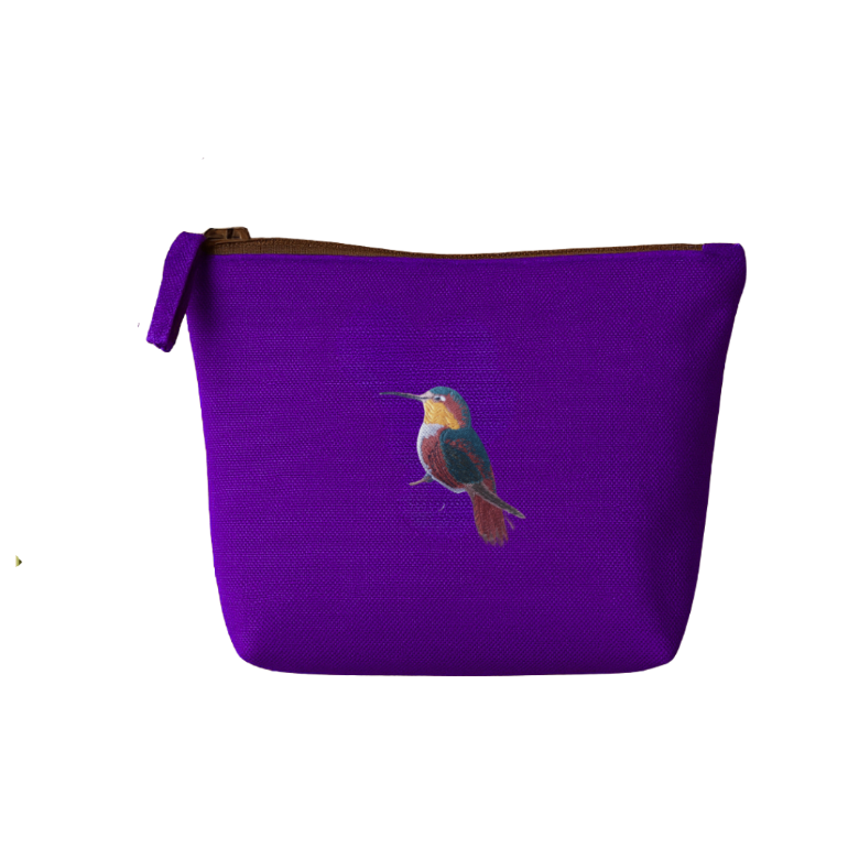 Purple pouch with a hummingbird  on a white background