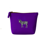 Purple pouch with a zebra embroidery  on a white background