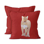 Red cushion cover with embroidered lion design 