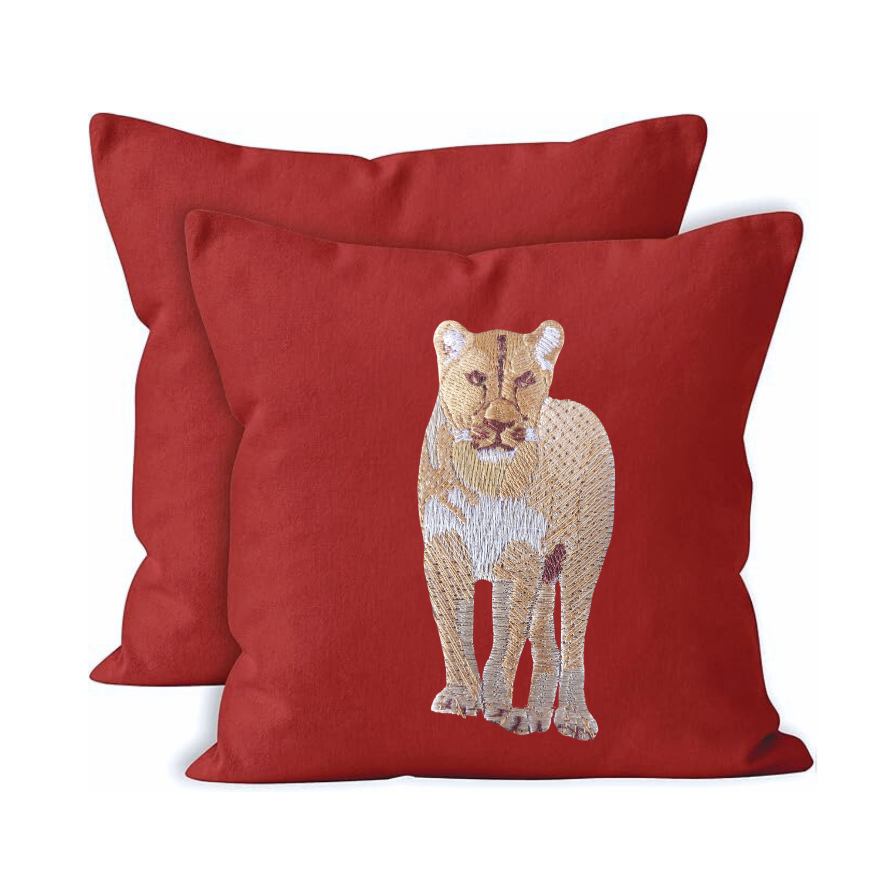 Red cushion cover with embroidered lion design 
