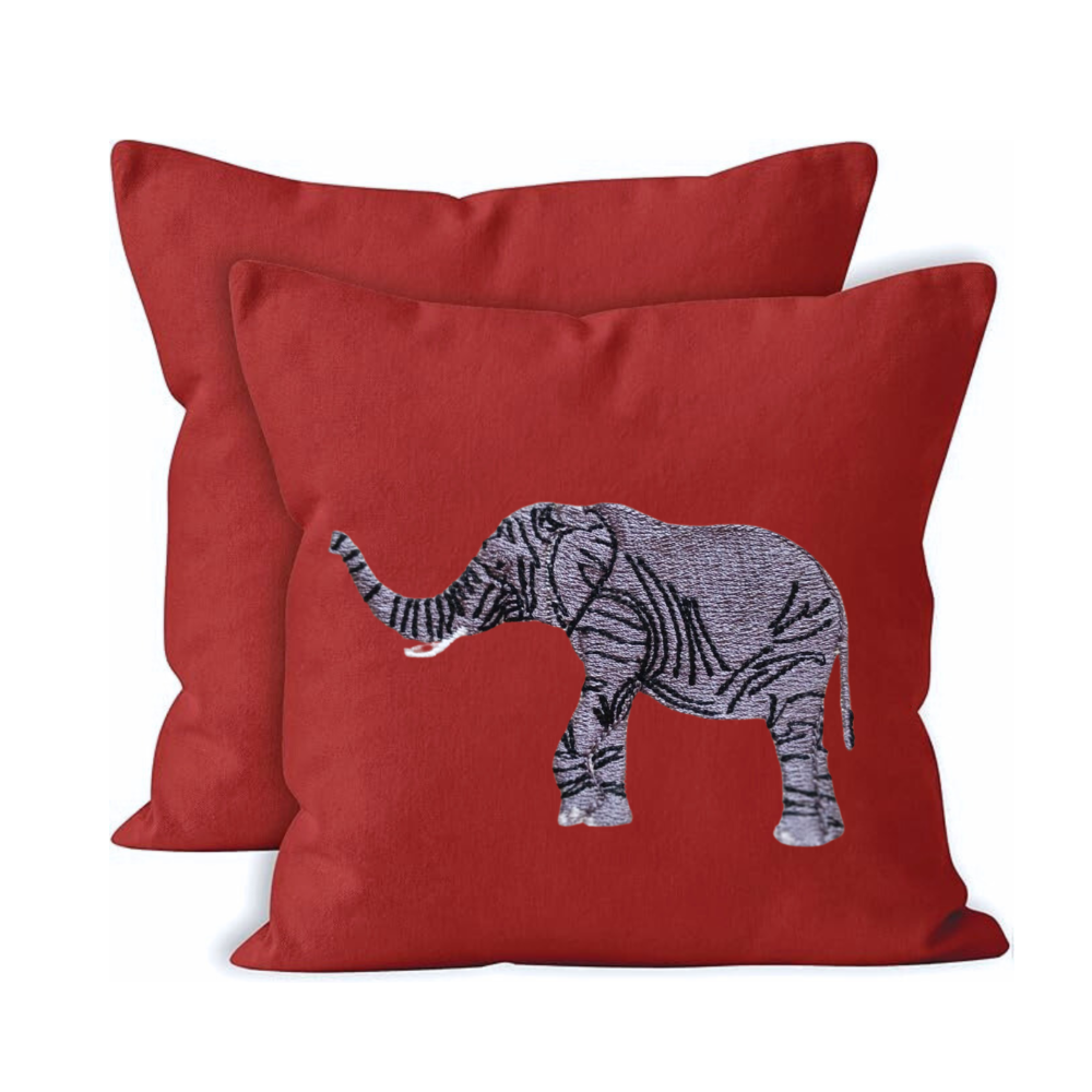 Red canvas cushion cover with an elephant design 