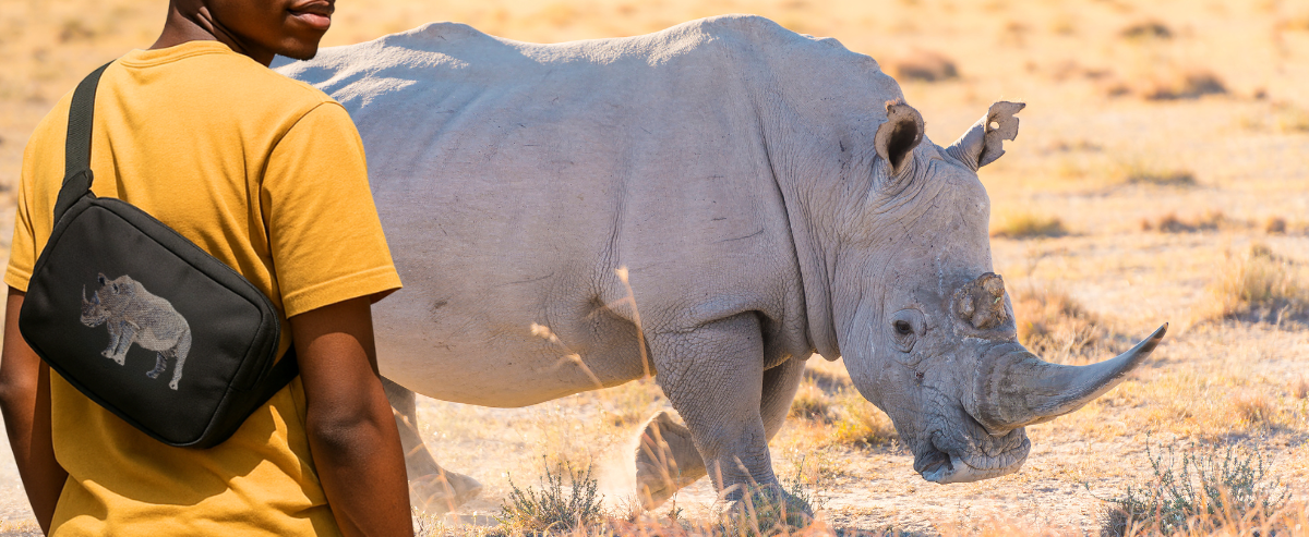 Person wearing a yellow shirt and carrying a black every day belt bag with a rhino embroidery, standing next to a rhino in a natural setting.