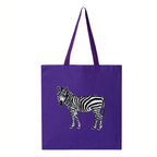 Purple tote bag with a zebra embroidery on a white background