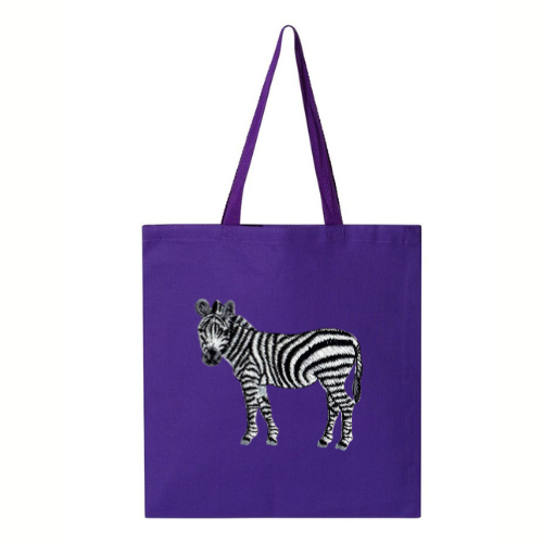 Purple tote bag with a zebra embroidery on a white background