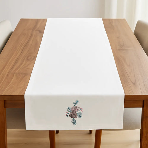 Acorn Motif Table Runner by ILISAH in red, featuring large acorn embroidery, perfect for holiday tables and festive decor.